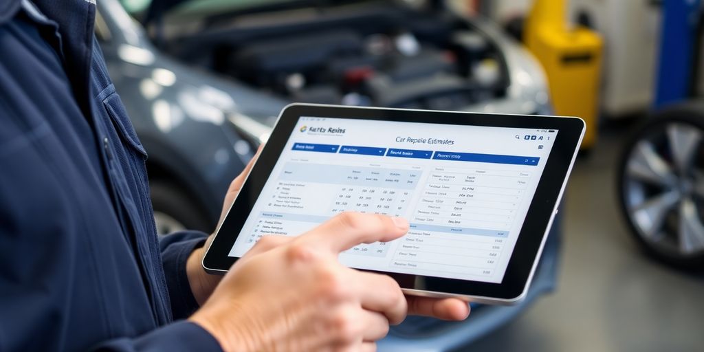 Mechanic checking car repair estimates on a tablet.
