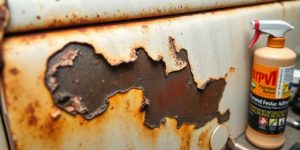 Rusty car door needing repair and restoration tools.