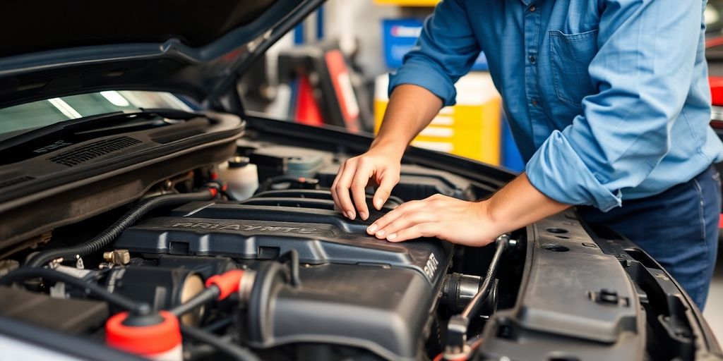 Mechanic repairing car engine with tools in workshop.