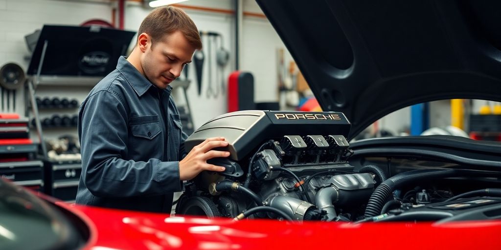 Porsche technician working on an engine in a garage.
