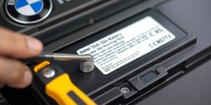 Close-up of BMW 320i battery replacement process.