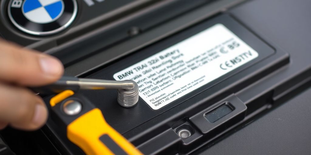 Close-up of BMW 320i battery replacement process.