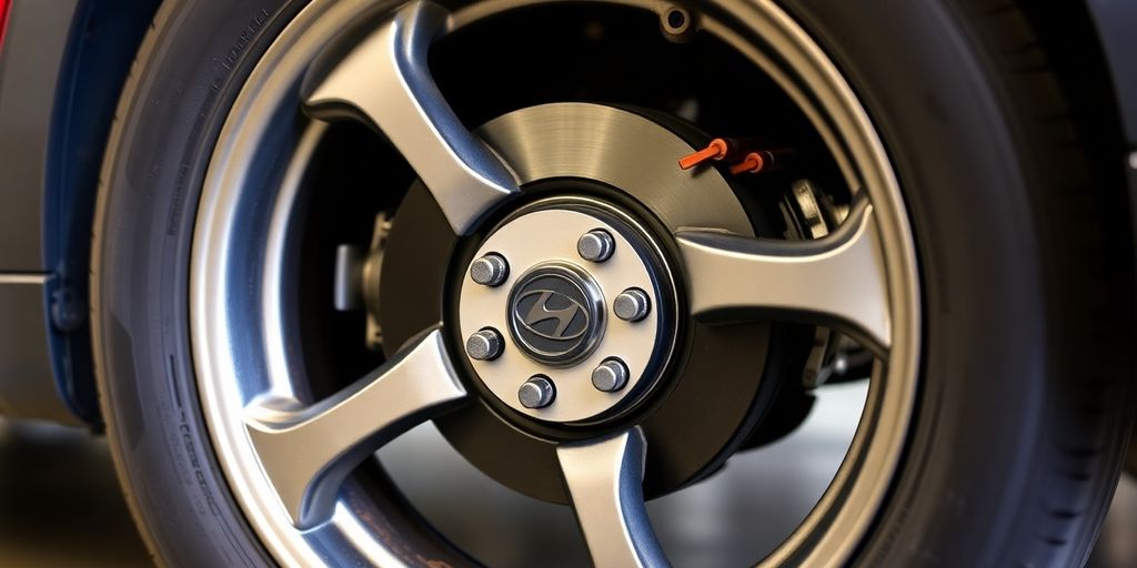 Close-up of Hyundai Tucson brake components and wheel.