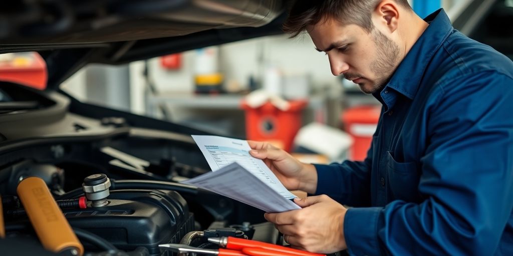Mechanic reviewing maintenance costs with tools in background.