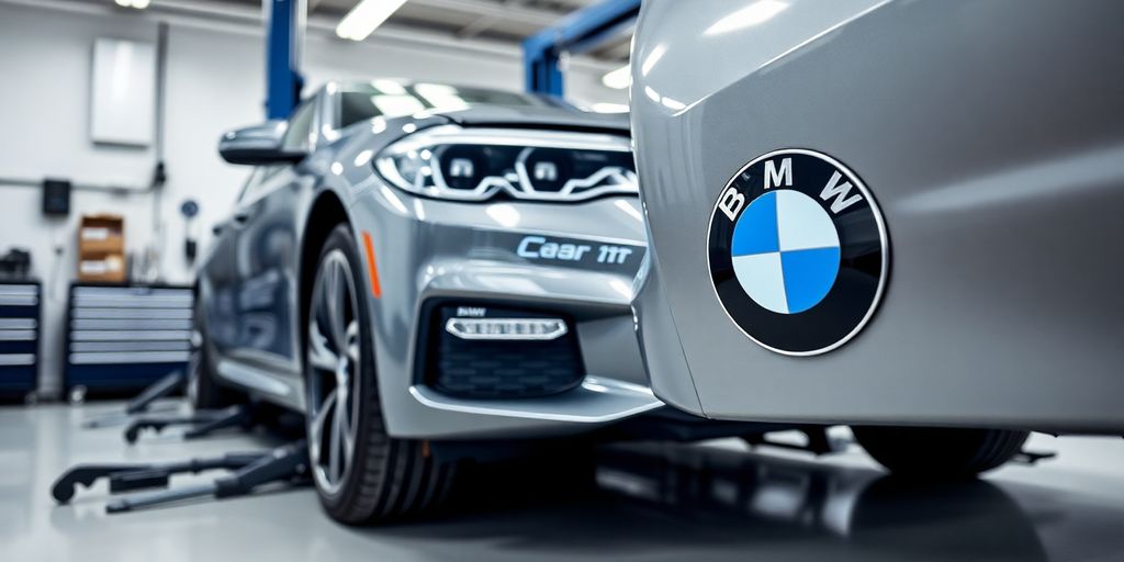 BMW vehicle being serviced in a professional workshop.
