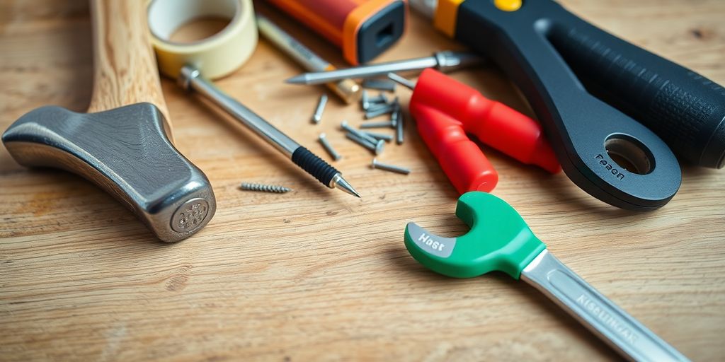 Tools for home repair on a wooden surface.