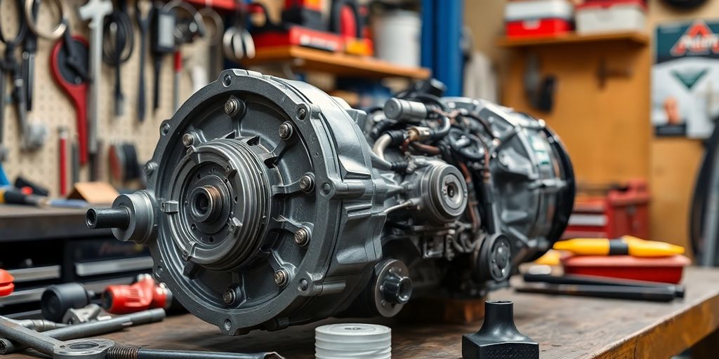 Close-up of Ford E 150 transmission on workbench.