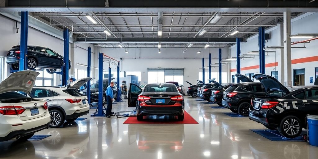 Modern auto repair center with mechanics servicing vehicles.