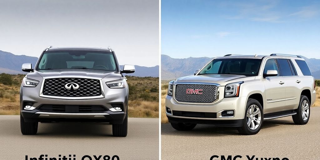 Infiniti QX80 and GMC Yukon side-by-side in scenic setting.