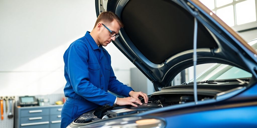 Mechanic inspecting car engine with tools.