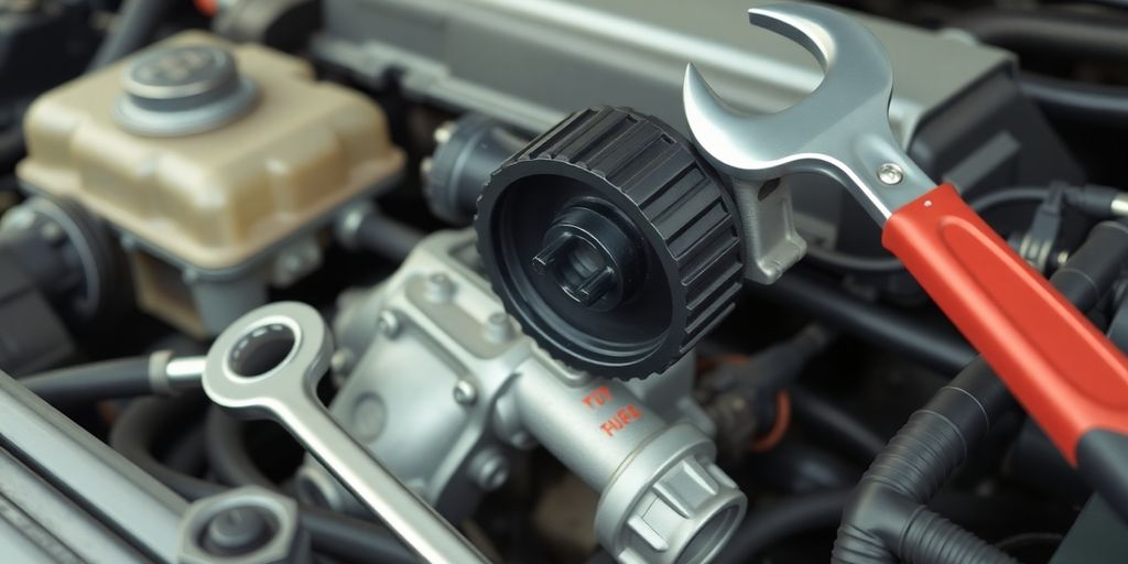 Close-up of Ford Taurus water pump and tools.