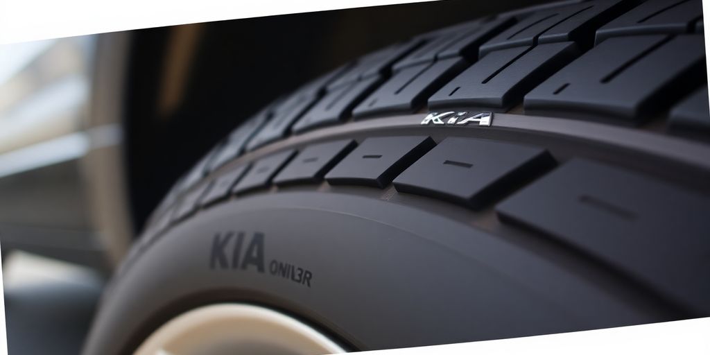 Close-up of a Kia tire on a blurred background.