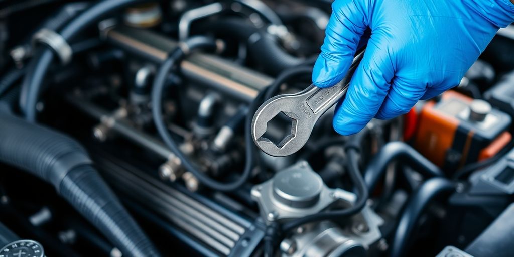 Mechanic fixing car engine with tools.