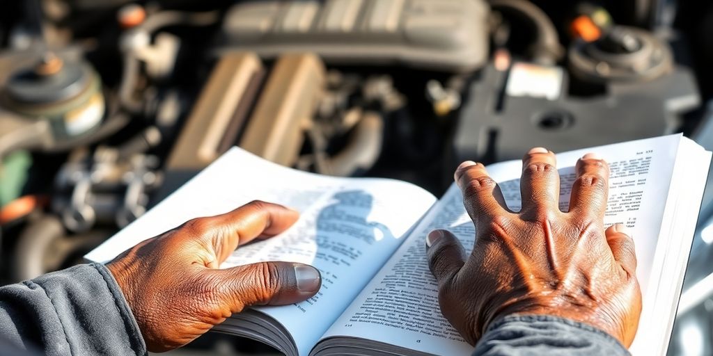 Mechanic's hands, open repair manual, auto shop.