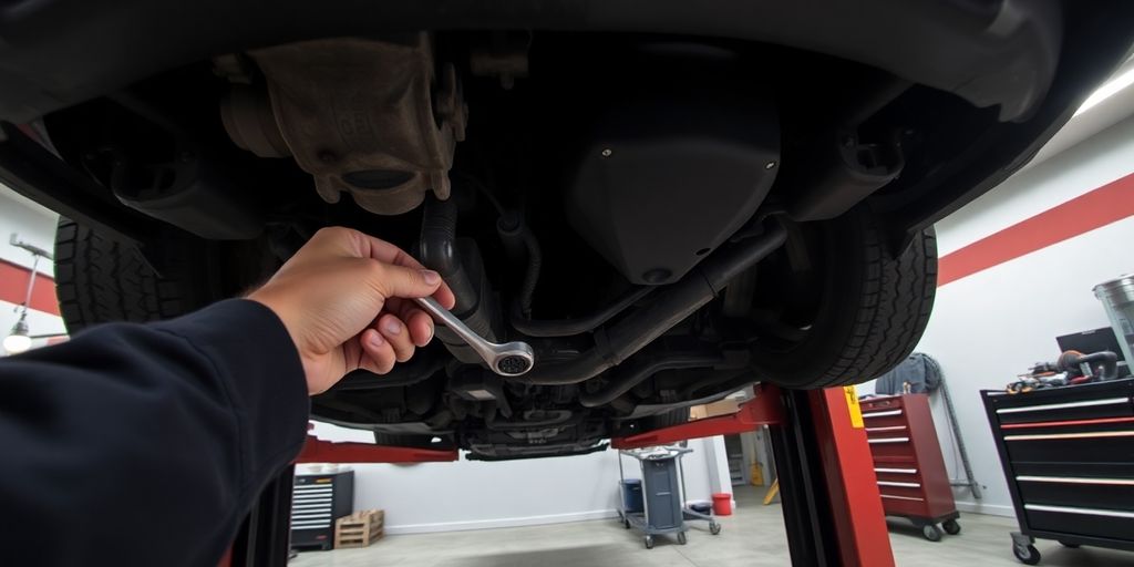 Car on lift, mechanic working underneath.