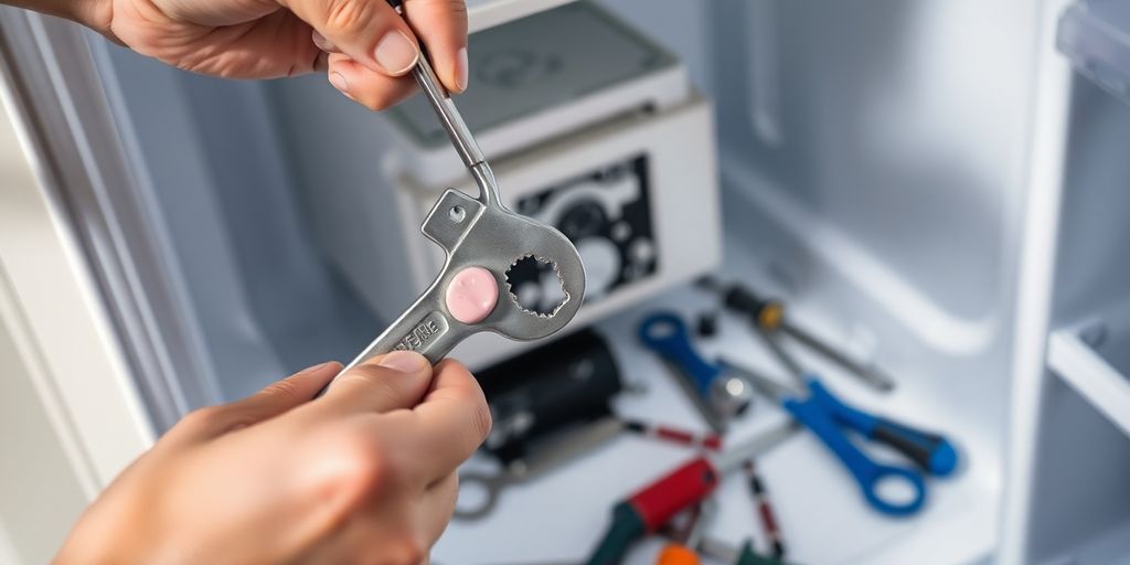 Hands fixing a refrigerator with tools. Appliances.