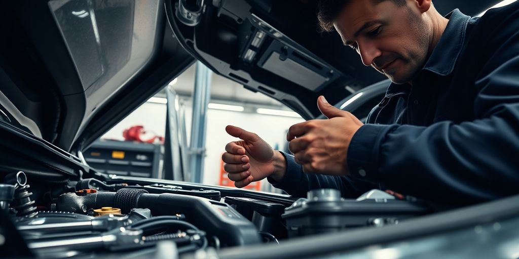 Mechanic inspecting car engine with tools.