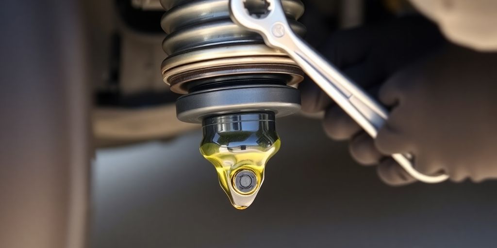Leaking car strut, mechanic's hands adjusting tools.