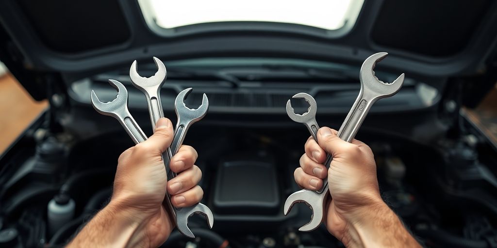 Mechanic inspecting car engine with tools.