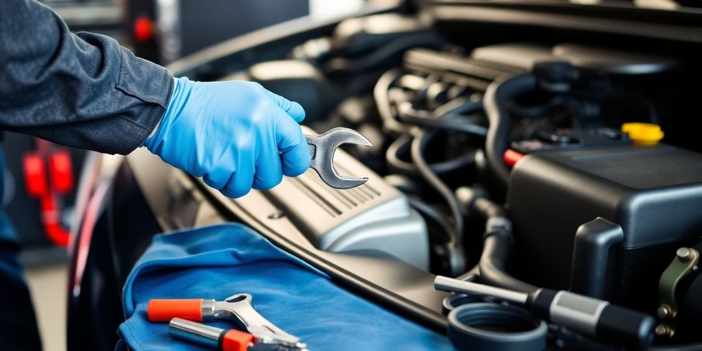 Mechanic inspecting car engine with tools and light.