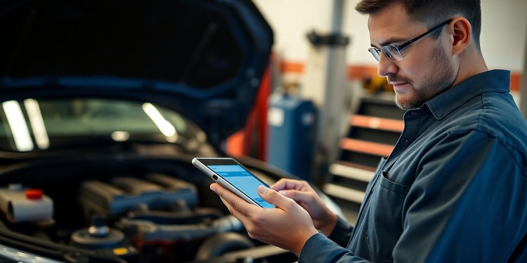 Mechanic, tablet, car, garage, tools, wrench, parts, engine.
