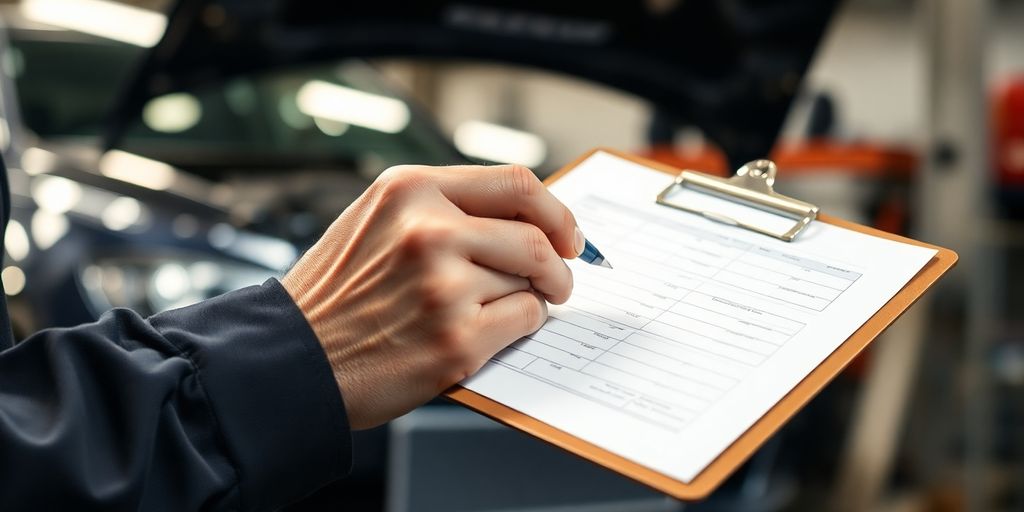 Mechanic, pen, clipboard, car, garage