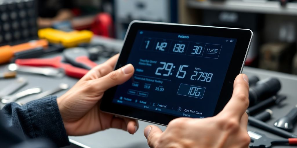 Mechanic calculating labor time on tablet.