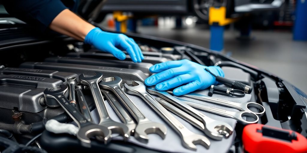 Mechanic inspecting car engine with tools.