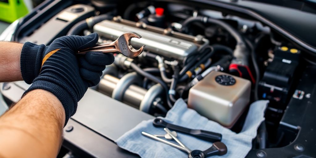 Mechanic inspecting car engine with tools.