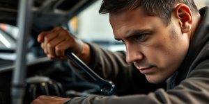 Mechanic with wrench examining car engine.