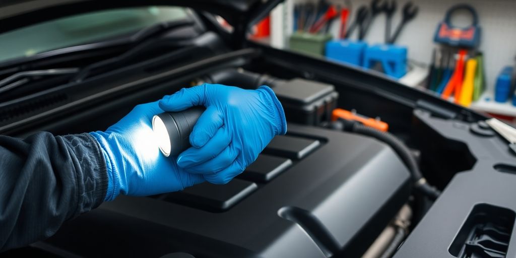 Mechanic inspecting car engine with flashlight.