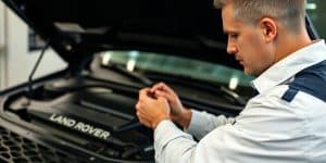 Mechanic inspects Land Rover engine.