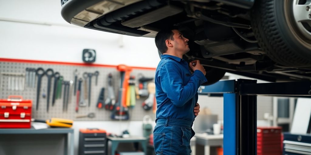 Mechanic inspecting engine, car lift.