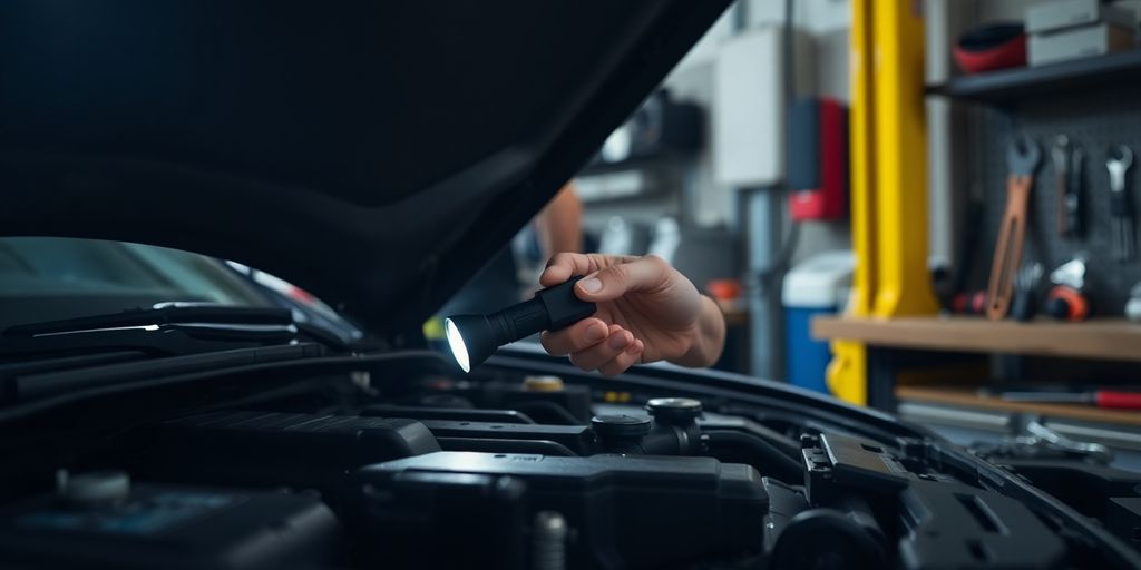 Mechanic inspecting car engine with flashlight.