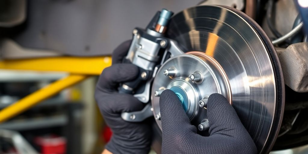 Mechanic inspecting car brakes in a garage.