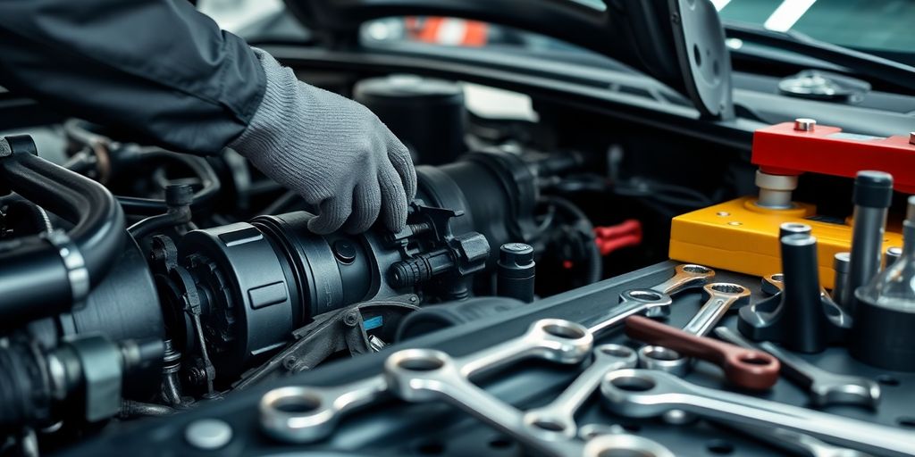 Mechanic inspecting car engine with tools