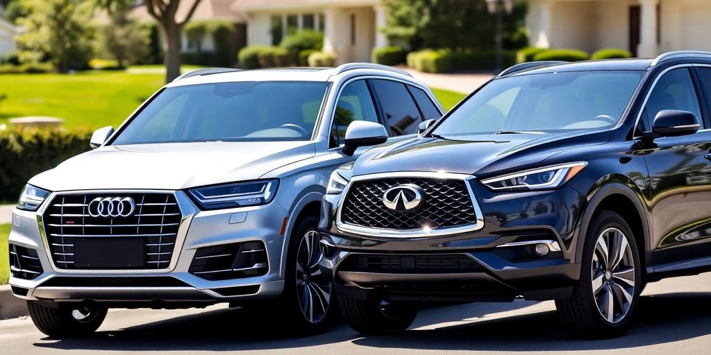 Two luxury SUVs, Audi Q7 and Infiniti QX70, parked side-by-side.