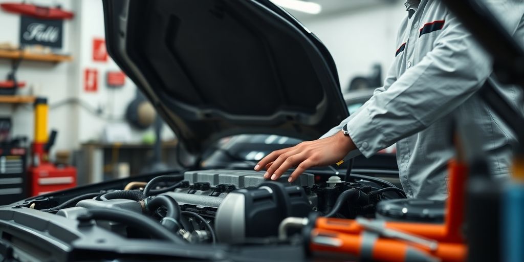 Mechanic inspecting car engine with tools