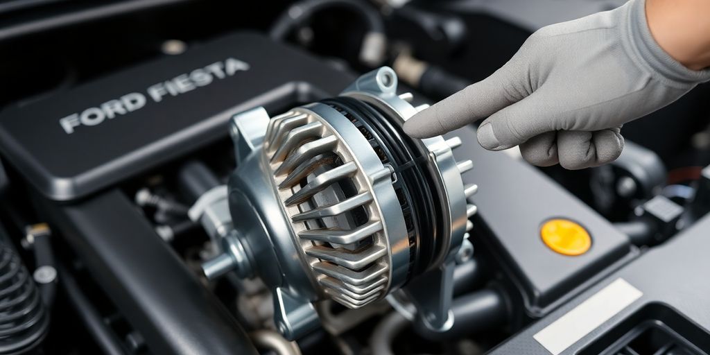 Ford Fiesta engine with new alternator, mechanic hand.