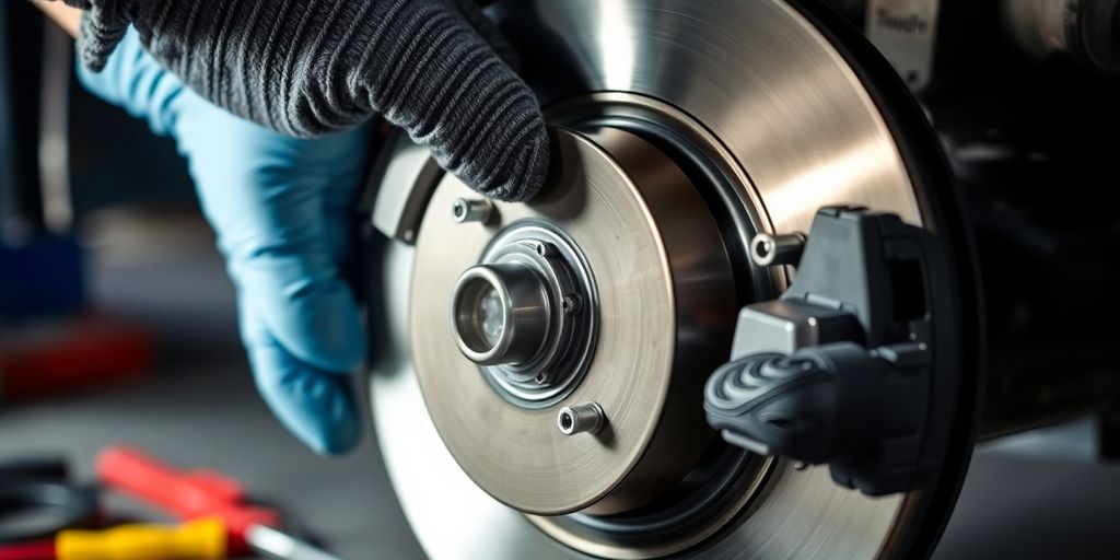Mechanic's hands inspect car brake caliper