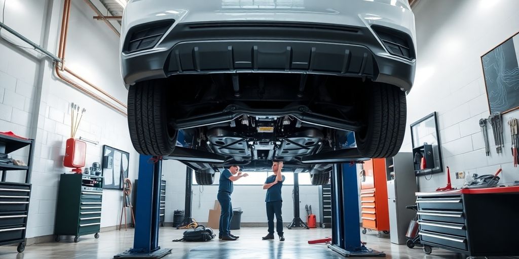 Mechanic working under a car lift.
