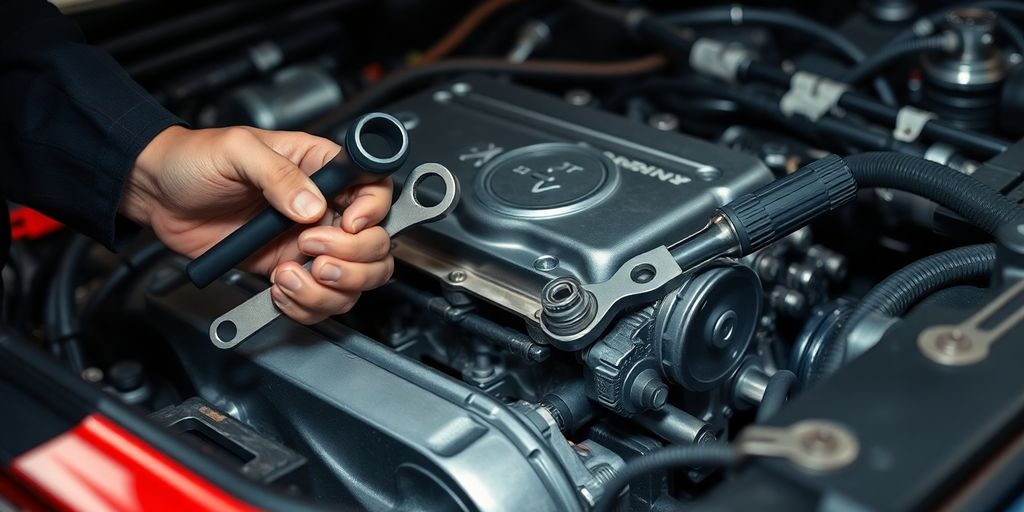 Mechanic inspecting car engine with tools