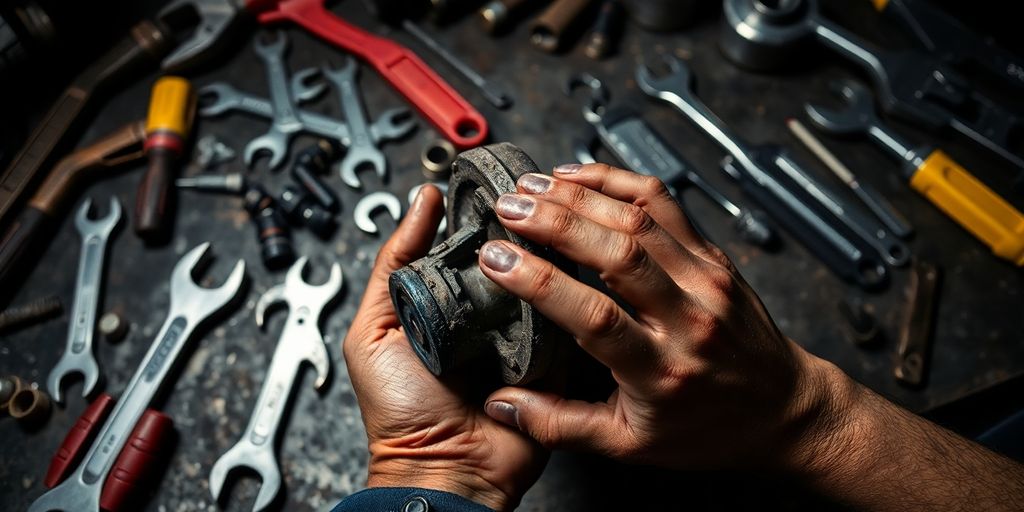Mechanic's hands holding car part, surrounded by tools.