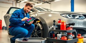 Mechanic holding tablet near car engine inside well-lit garage setting
