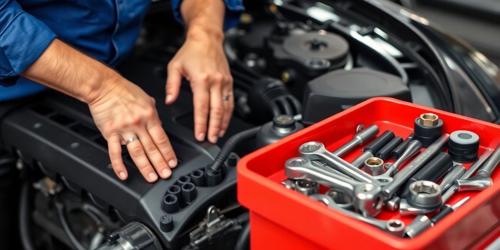 Mechanic fixing car engine with various tools.