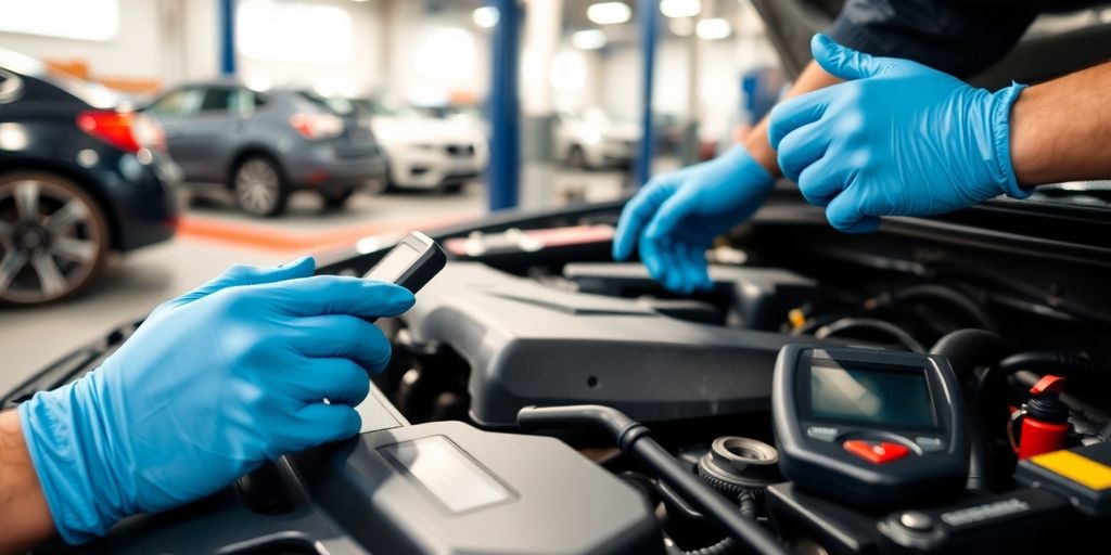 Mechanic inspecting car engine with tools