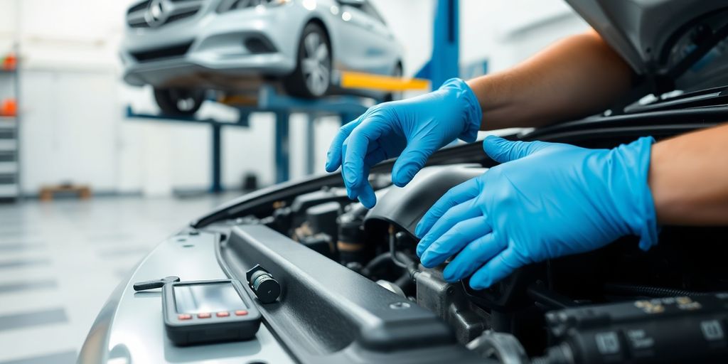 Mechanic inspecting car engine with tools around