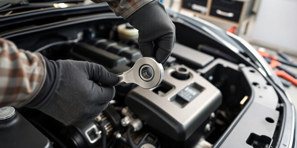 Mechanic's hands, wrench, car engine.