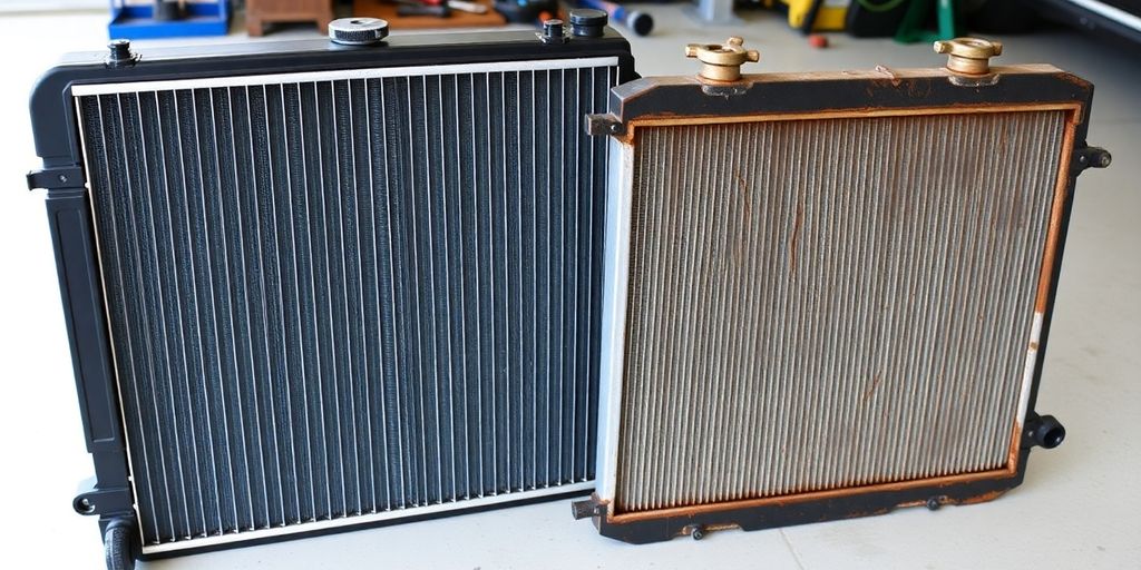 Nissan Pathfinder radiator, new and old parts.