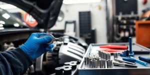 Mechanic inspecting car engine with tools.